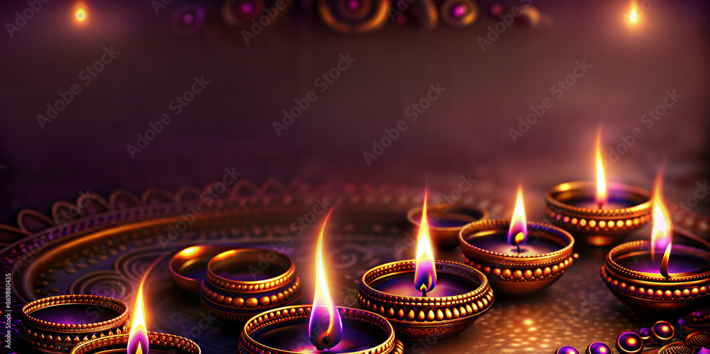 Beautiful golden diyas with burning flames illuminate a dark background with glowing bokeh, creating a festive atmosphere for the celebration of diwali Beautiful golden diyas with burning flames illuminate a dark background with glowing bokeh, creating a festive atmosphere for the celebration of diwali