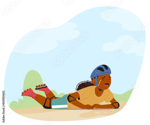 Young Cartoon Child Falling While Roller Skating Outdoors. Little Girl Wearing Protective Gear And Appears To Be Upset