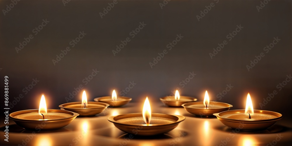 Seven golden tealight candles are burning brightly, casting a warm glow on the surface beneath them and creating a serene and peaceful atmosphere Seven golden tealight candles are burning brightly, casting a warm glow on the surface beneath them and creating a serene and peaceful atmosphere