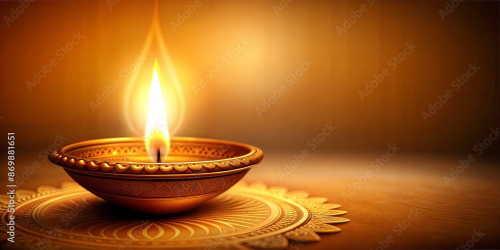 Intricately designed golden diya is illuminated by a vibrant flame, casting a warm glow on the surrounding space, perfect for diwali greetings or festive backgrounds Intricately designed golden diya is illuminated by a vibrant flame, casting a warm glow on the surrounding space, perfect for diwali greetings or festive backgrounds