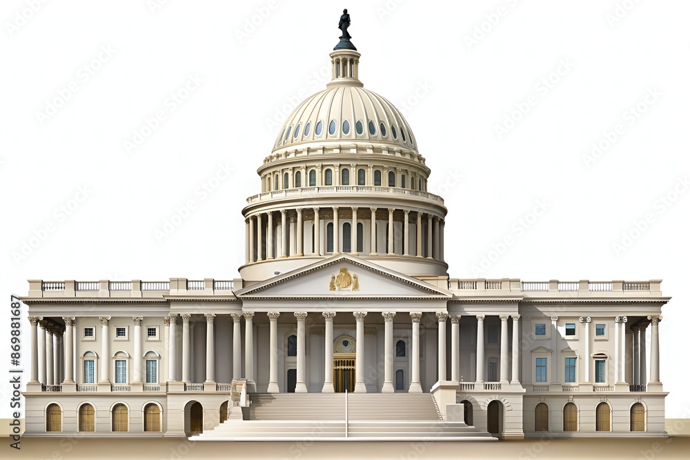Obraz premium Elegant illustration of government parliament building with grand pillars and dome, set against a clean white copy space background for text overlay purposes.