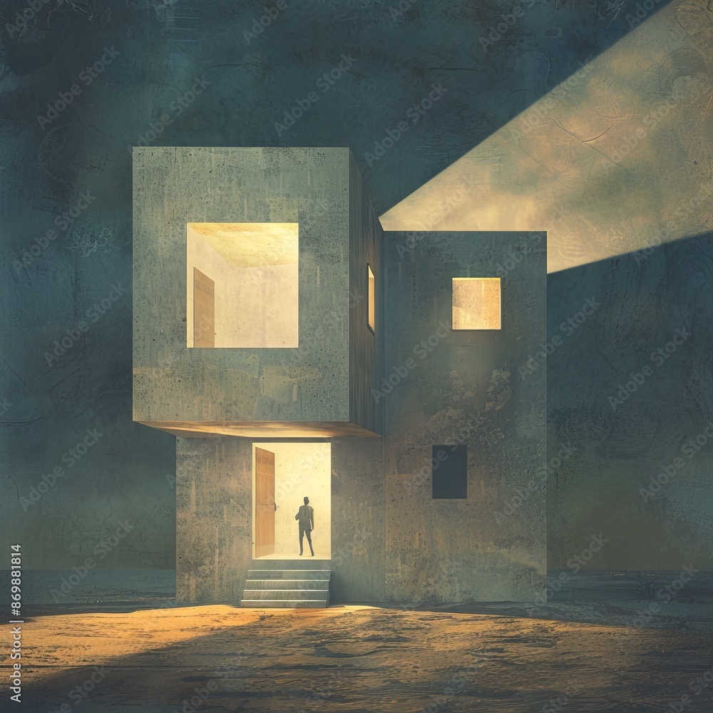 surrealistic illustration of an architecture house with square windows, a man is standing in the door looking at the camera surrealistic illustration of an architecture house with square windows, a man is standing in the door looking at the camera