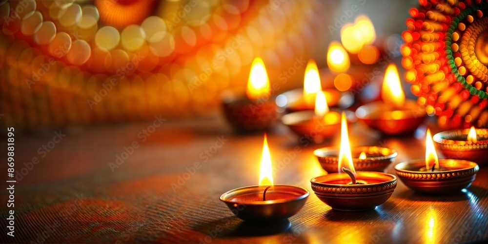 Obraz premium Row of illuminated oil lamps on a table with a blurred, sparkling background for diwali festival, creating a warm and festive atmosphere