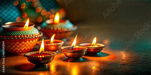 Burning diya lamps illuminating a warm, inviting glow on a table, symbolizing the victory of light over darkness during the auspicious occasion of diwali © Pavel