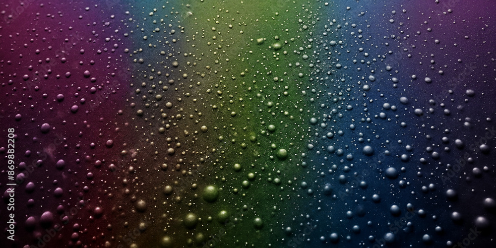 Regenbogenperlen: Ein harmonisches Bild von schwebenden Tropfen auf einem Regenbogen-Hintergrund, der von Violett über Rot, Grün bis hin zu Blau reicht und eine beruhigende Atmosphäre schafft Regenbogenperlen: Ein harmonisches Bild von schwebenden Tropfen auf einem Regenbogen-Hintergrund, der von Violett über Rot, Grün bis hin zu Blau reicht und eine beruhigende Atmosphäre schafft