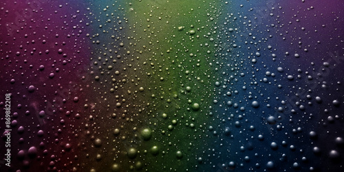 Regenbogenperlen: Ein harmonisches Bild von schwebenden Tropfen auf einem Regenbogen-Hintergrund, der von Violett über Rot, Grün bis hin zu Blau reicht und eine beruhigende Atmosphäre schafft