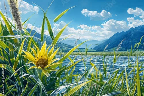 Vibrant sunflower amidst green grass with solar panels in the background symbolizing the harmony of renewable energy and nature under a clear blue sky