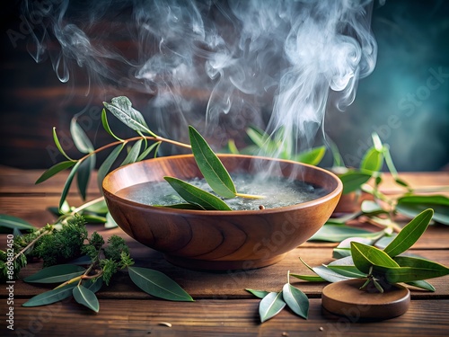 Fresh eucalyptus leaves and herbs surround a steaming bowl, releasing soothing vapors, as a gentle pouring of hot water creates a calming ambiance for respiratory relief.