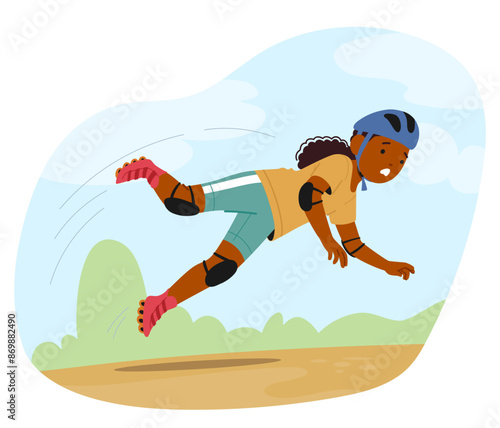 Child Falling While Roller Skating Outdoors, Girl Character Wearing Protective Gear Such As A Helmet And Knee Pads