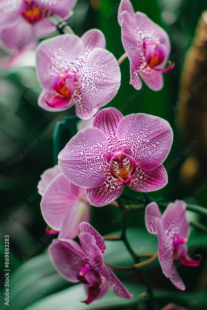 Postcard design: polka-dot pink orchid flower in garden. Postcard design: polka-dot pink orchid flower in garden.