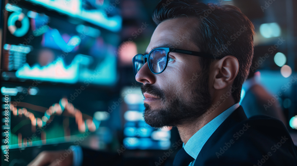 Businessman analyzing data on multiple computer screens in control room Businessman analyzing data on multiple computer screens in control room