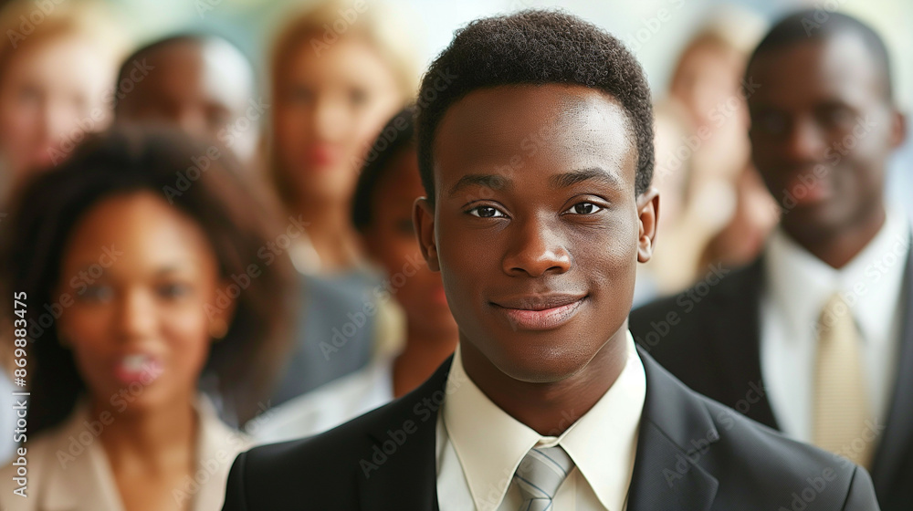 Confident businessman smiling with diverse team in background Confident businessman smiling with diverse team in background