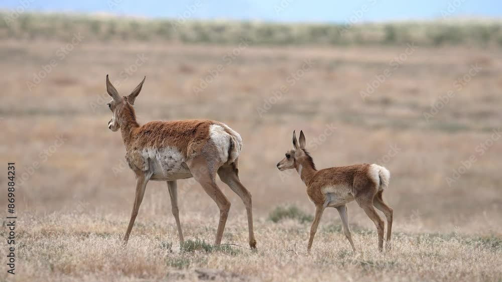 Pronghorn fawn walking with its mother through the Utah desert through the landscape. Pronghorn fawn walking with its mother through the Utah desert through the landscape.