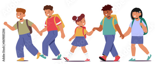 Happy Cartoon Kids Walking Together Holding Hands. Diverse Group Of Children Looks Cheerful And Friendly