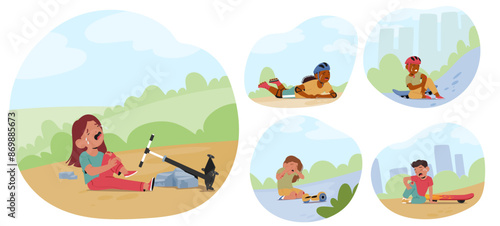 Children Experiencing Falling Accidents While Playing Outdoors. Vector Images Show Kids Tripping And Falling Off Bikes