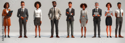 A set of business people with tablets in different poses on a white background. The cartoon style character designs include high resolution 3D renderings with full body shots in 6 poses.