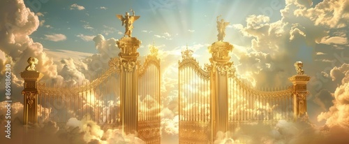 Magnificent golden gates open amidst the clouds, radiating bright light as if leading to paradise. Heavenly Golden Gates photo