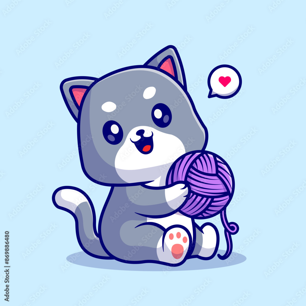Fototapeta premium Cute Cat Playing Yarn Ball Cartoon Vector Icon Illustration. Animal Nature Icon Concept Isolated Premium Vector. Flat Cartoon Style
