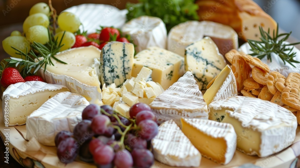 A cheese platter showcases a variety of artisanal cheeses produced from the milk of cows grazing on the farms pastures. A cheese platter showcases a variety of artisanal cheeses produced from the milk of cows grazing on the farms pastures.