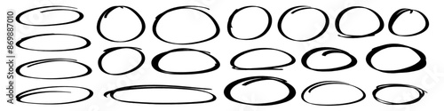 Handdrawn doodle circle highlights. Brush marker pen round ovals. Scribble horizontal ellipse inrounder. Round scrawl frames. Vector illustration of freehand painted circular note