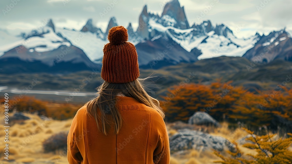 Girl in orange sweater, hat with pompom, mountain, Patagonia, traveller Girl in orange sweater, hat with pompom, mountain, Patagonia, traveller