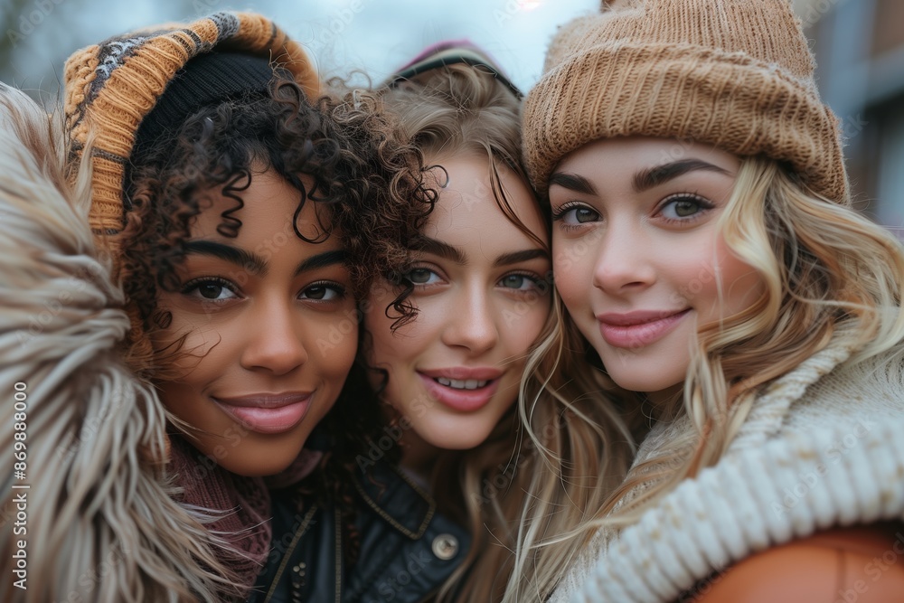 Fototapeta premium Three Young Women Smiling Together Outdoors in Winter