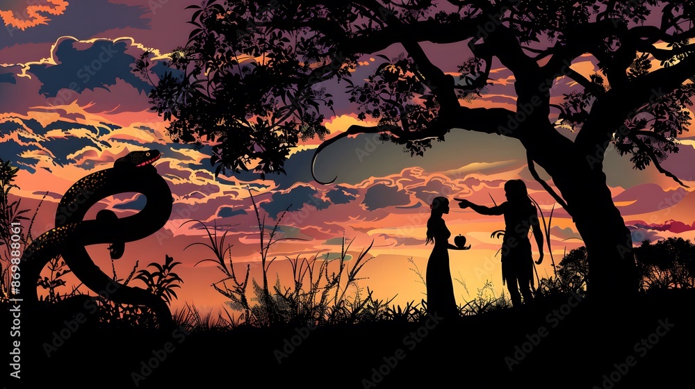 Adam and Eve in paradise, apple, snake, silhouettes Stock Illustration ...
