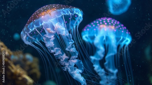 Jellyfish with neon glow light effect in aquarium, ibioluminescent jellyfish