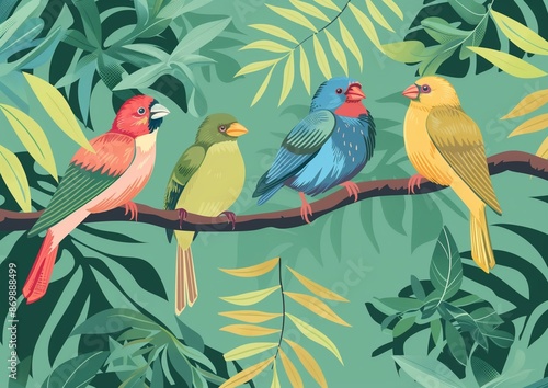 Colorful Birds Illustration in Tropical Foliage - Nature and Wildlife Art