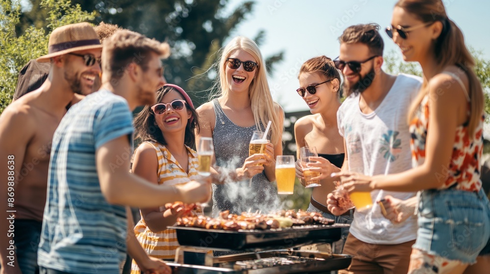 Group of friends having fun and drinking beer together at a barbecue party Group of friends having fun and drinking beer together at a barbecue party