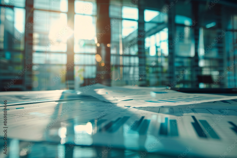 Documents and charts scattered on an office desk with sunlight streaming through windows symbolizing work productivity and business analysis Documents and charts scattered on an office desk with sunlight streaming through windows symbolizing work productivity and business analysis