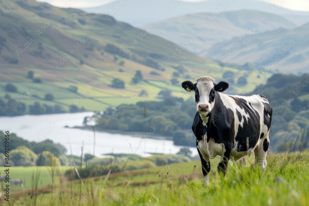 Holstein cows in Pastureland, calmness, Comport, High Angle View,Side Angle,Left side view Holstein cows in Pastureland, calmness, Comport, High Angle View,Side Angle,Left side view