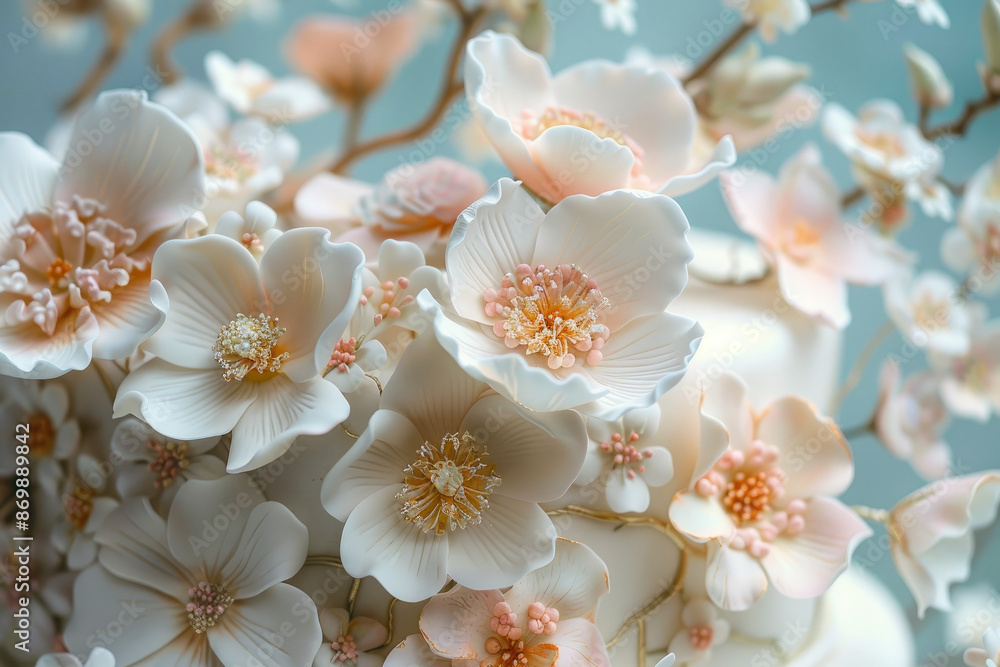 Delicate, light pink and white flowers with intricate details are seen in full bloom, showcasing their soft petals and vibrant stamens. Delicate, light pink and white flowers with intricate details are seen in full bloom, showcasing their soft petals and vibrant stamens.
