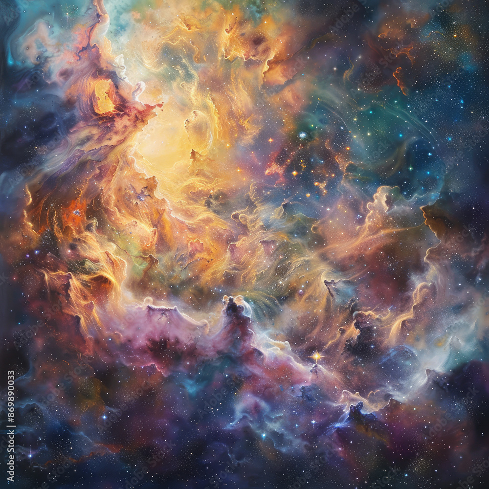 A mesmerizing cosmic scene depicts vibrant interstellar clouds and swirling nebulous gases in an array of colors against a backdrop of sparkling stars. A mesmerizing cosmic scene depicts vibrant interstellar clouds and swirling nebulous gases in an array of colors against a backdrop of sparkling stars.