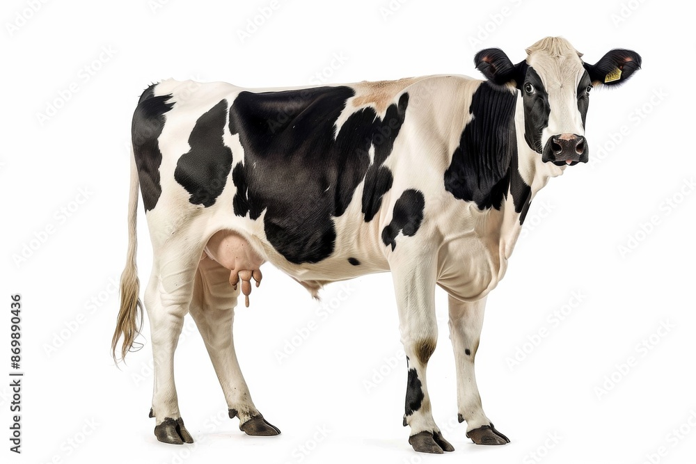 the beside view Holstein Cow standing, left side view, white copy space on right, isolated on white background the beside view Holstein Cow standing, left side view, white copy space on right, isolated on white background