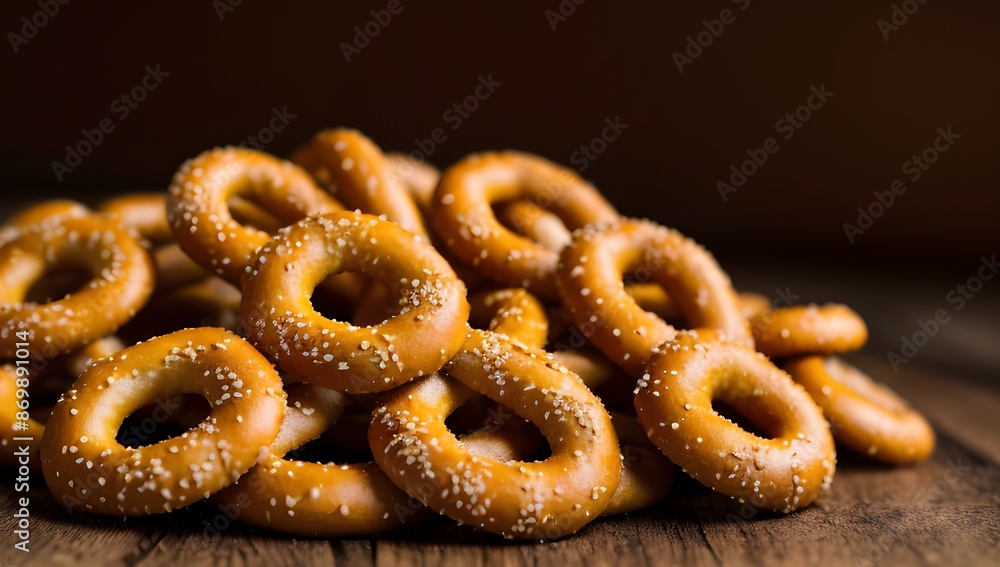 Close-up image of salted pretzel rings, showcasing their golden-brown crust and coarse salt topping Close-up image of salted pretzel rings, showcasing their golden-brown crust and coarse salt topping