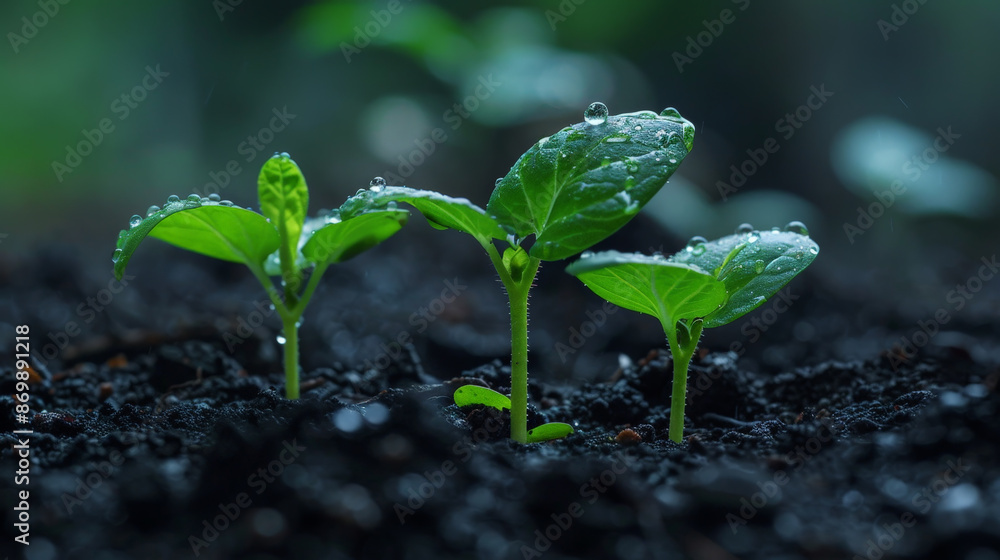 Young green plants growing in rich, dark soil, with dewdrops glistening on their leaves. Young green plants growing in rich, dark soil, with dewdrops glistening on their leaves.