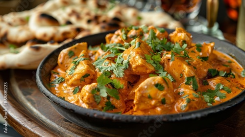 A mouthwatering dish of buttered chicken with naan bread, garnished with fresh coriander and served on a wooden tray.