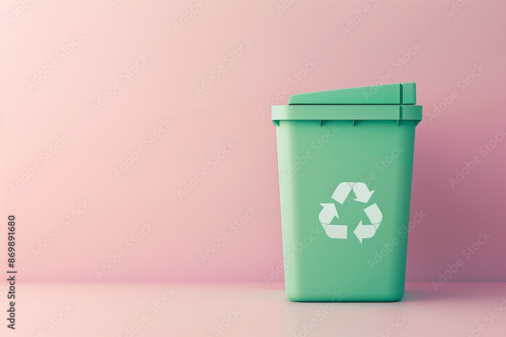 Eco-Friendly Green Recycling Bin on Minimalist Pink Background Eco-Friendly Green Recycling Bin on Minimalist Pink Background