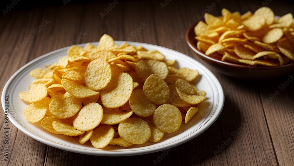 Close-up image of crispy potato chips, showcasing their golden-yellow color and crunchy texture. Close-up image of crispy potato chips, showcasing their golden-yellow color and crunchy texture.