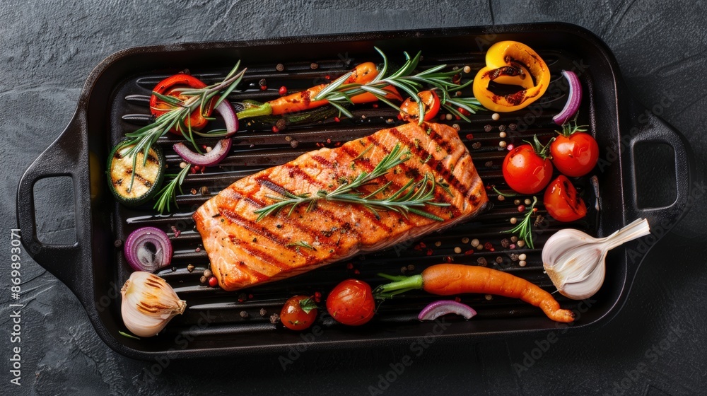 Salmon Steak with Vegetables on a Grill Pan Salmon Steak with Vegetables on a Grill Pan