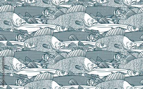 Fish seamless pattern. Perch, Capelin, Herring, Pollock, Shrimp. Vector illustration of fish on on white background. Seafood restaurant menu. Outline coloring book pages design. Wild nature, fishing.