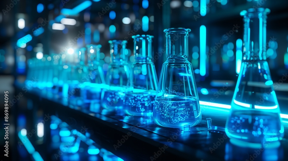 Laboratory glassware with blue light, arranged neatly on a lab bench Laboratory glassware with blue light, arranged neatly on a lab bench