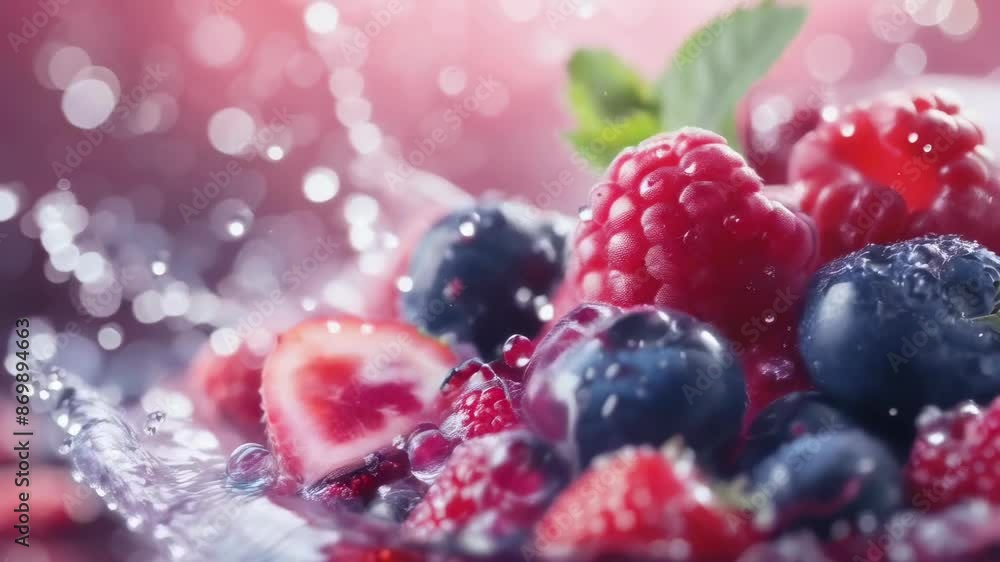 A vibrant image featuring fresh raspberries, blueberries, and strawberries splashing in water. The lively background enhances the freshness and juiciness of the berries. Perfect for health and food A vibrant image featuring fresh raspberries, blueberries, and strawberries splashing in water. The lively background enhances the freshness and juiciness of the berries. Perfect for health and food