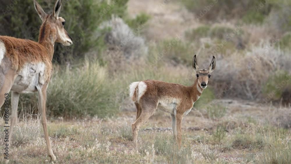 Pronghorn fawn standing in the Utah desert as it mother walks up in slow motion. Pronghorn fawn standing in the Utah desert as it mother walks up in slow motion.