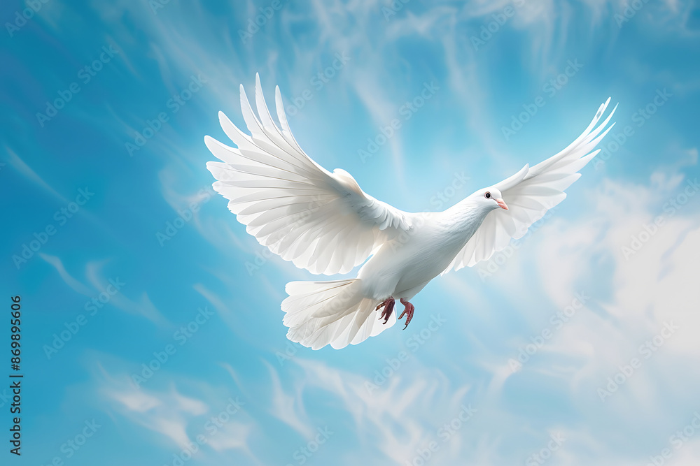 Fototapeta premium White Dove of Peace in the Air with Wings Wide Open Against Blue Sky