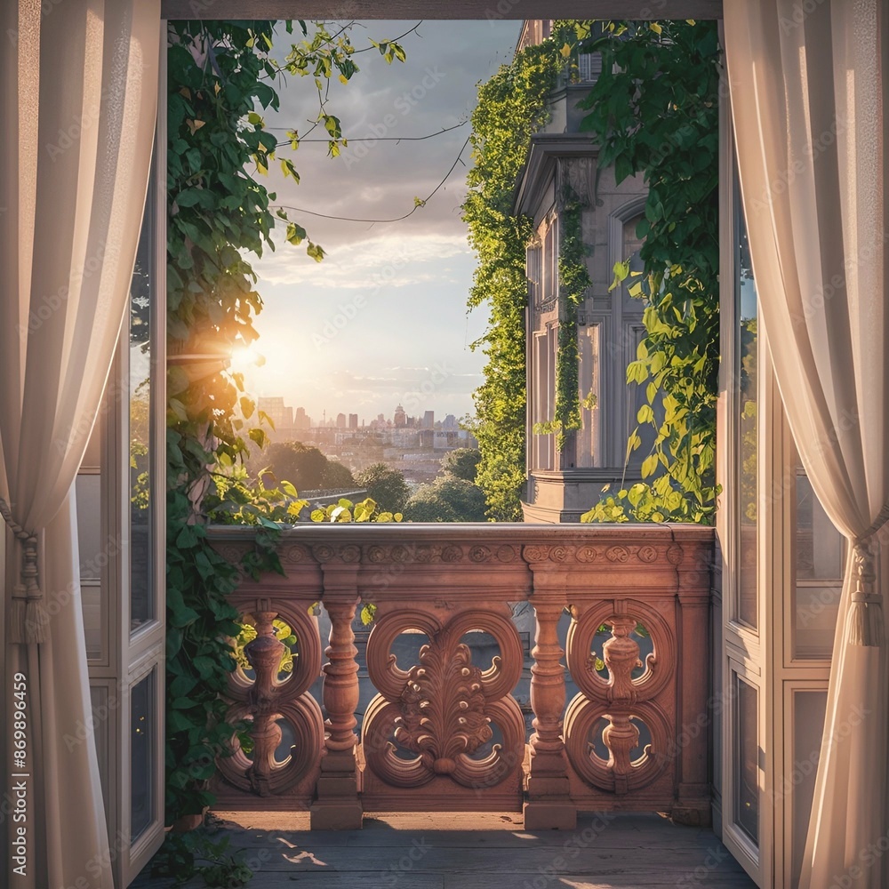 Obraz premium A captivating photograph of an elegant balcony scene during golden hour. The sun casts a warm, golden light over the intricately carve wooden railing and the lush green vines that climb up the balcony