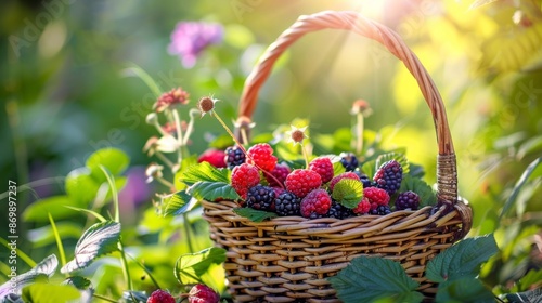 A rustic woven basket overflows with fresh berries plump and ripe for picking. The morning sun shines down on them accentuating their vibrant hues.
