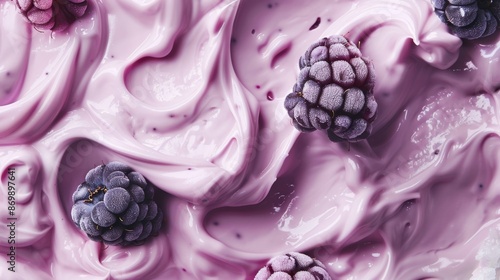 A sful of creamy yogurt is swirled with tart huckleberries a perfect balance of sweet and tangy. photo