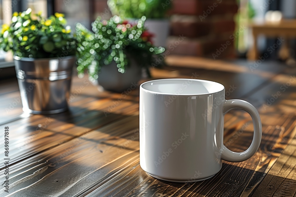 White Mug on Wooden Table With Plants in the Background White Mug on Wooden Table With Plants in the Background